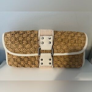 Woven Straw Clutch with White Trim and Buckle